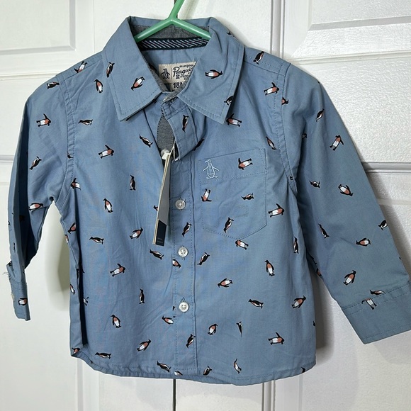 ORIGINAL PENGUIN Button-down long sleeve shirt Faded denim w penguins Sz 18m NWT - Picture 2 of 11